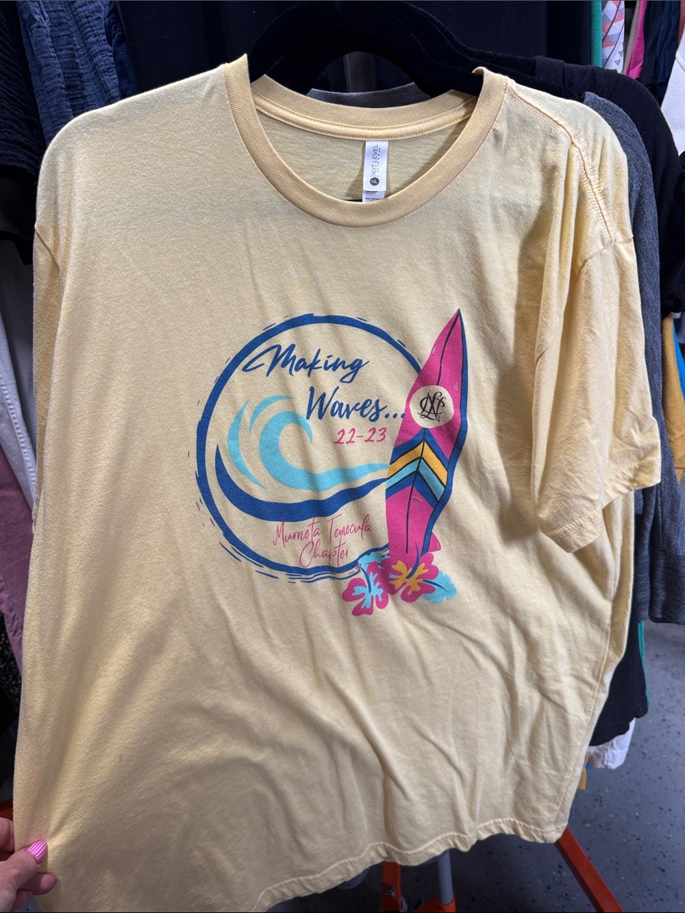 Next Level Apparel Yellow Surf Graphic Tee with Blue and Pink Accents